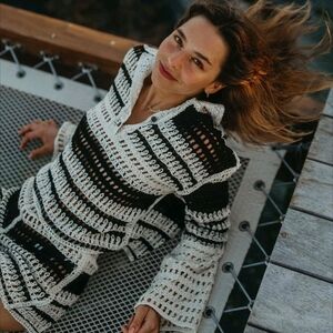 Zara Crochet Open Knit Striped Collared Henley Top In Black/Ivory